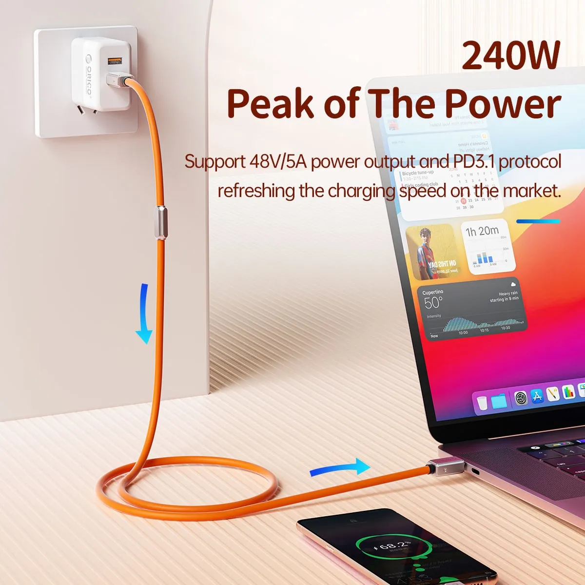 ORICO High-Speed USB4 Cable with 240W Power Delivery, 8K Video Support, and Silicone Design