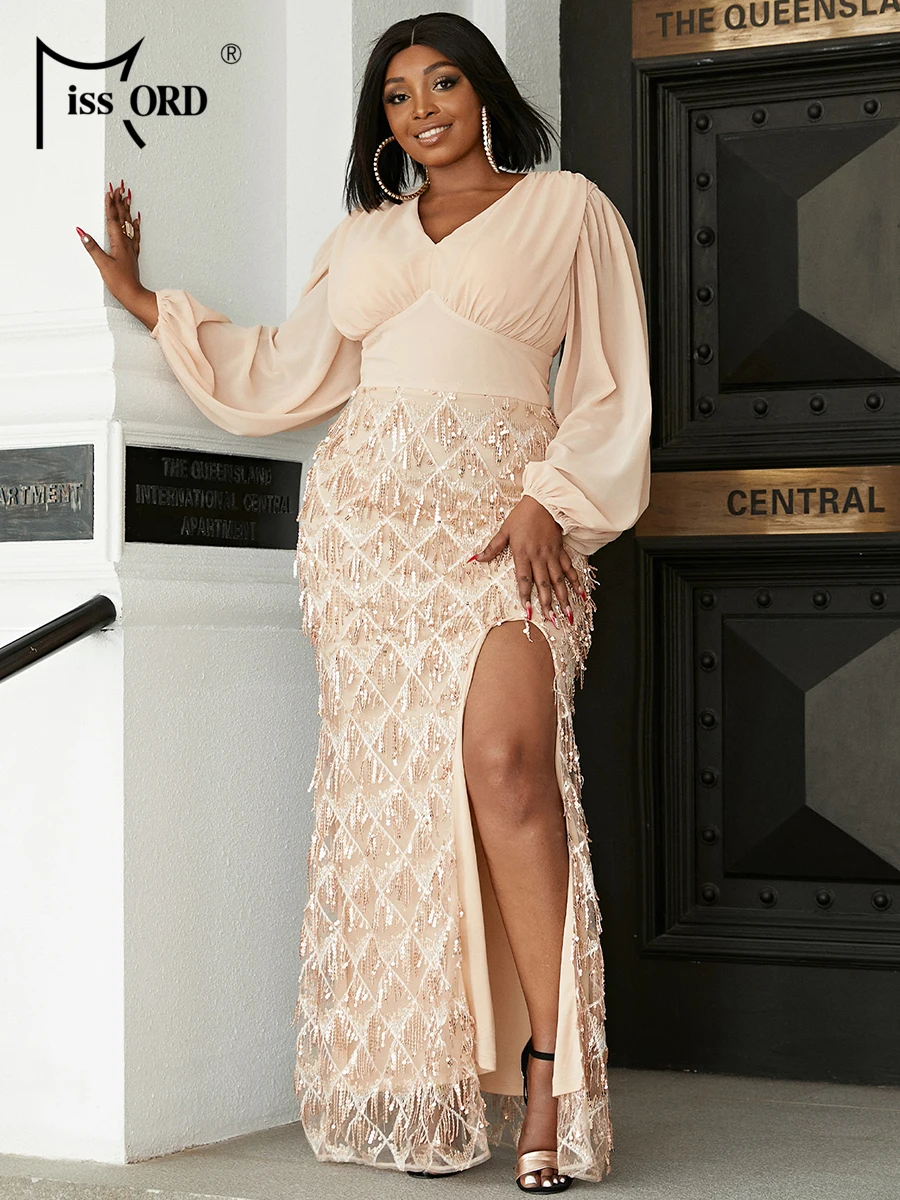Missord Gold Sequin Chiffon Plus Size Party Dress Women Elegant Lantern Sleeve V Neck Thigh Split Prom Dresses Long Evening Gown