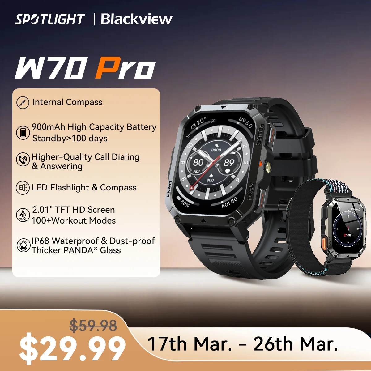Blackview 2025 nowy wodoodporny, wytrzymały inteligentny zegarek W70 Pro 900mAh wytrzymały inteligentny zegarek do użytku na zewnątrz z oświetleniem awaryjnym, kompasem - AliExpress 44