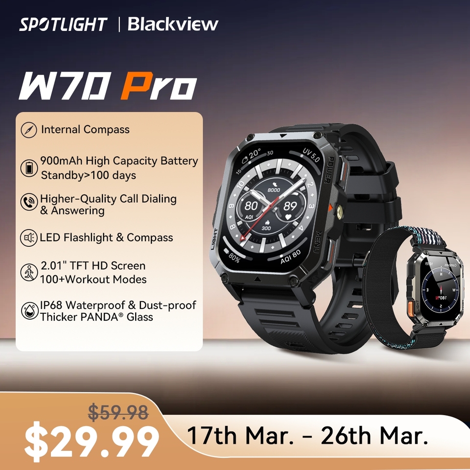 Blackview 2025 New  Waterproof Rugged Smart Watch W70 Pro 900mAh Rugged Smart Watch for Outdoor With Emergency Lighting, Compass