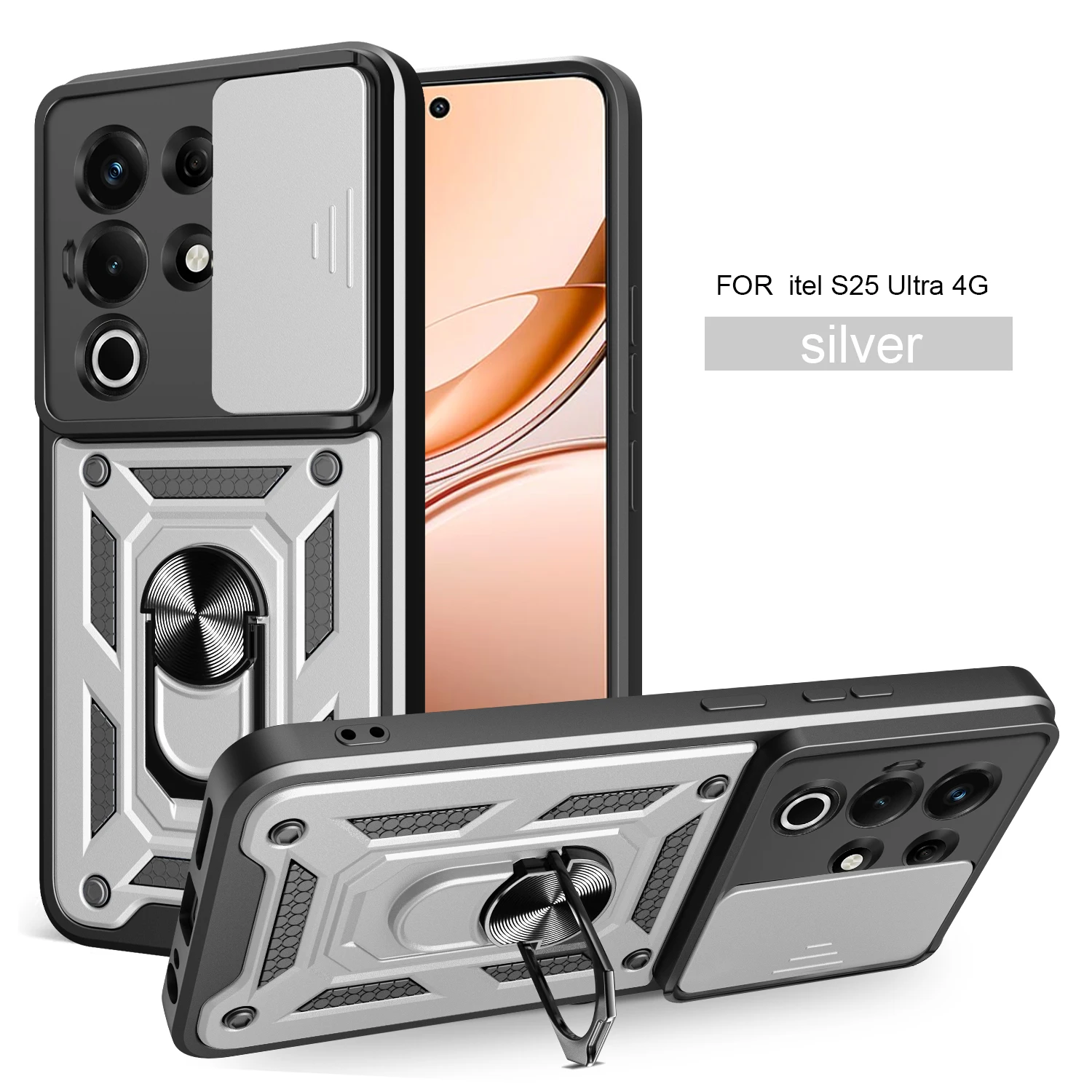 Itel Super 26 Ultra Magnetic Ring Holder Armor Phone Case with Slide Camera Protection