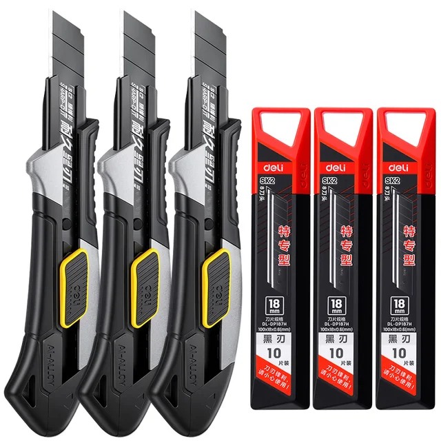 Heavy Duty Alloy Steel Utility Knife 3 Piece Set 18mm Blades Comfortable Grip Professional Cutter Tool Kit With Replacement 1
