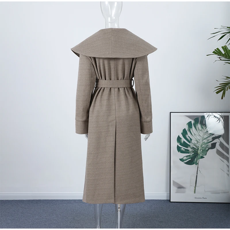 Solide Große Revers Gürtel Lange Woolen Frauen Mantel Elegante Volle Hülse Spitze Up Mantel 2025, Herbst Winter Wrap Stil Oberbekleidung – Detail 8