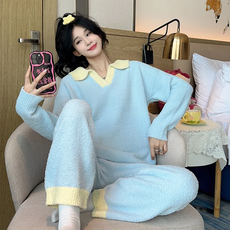 2023 Autumn Winter New Coral Fleece Sleeping Pajamas for Women Fashion Lapel Warm Women's Pajamas Simple Splice Soft Home Wear