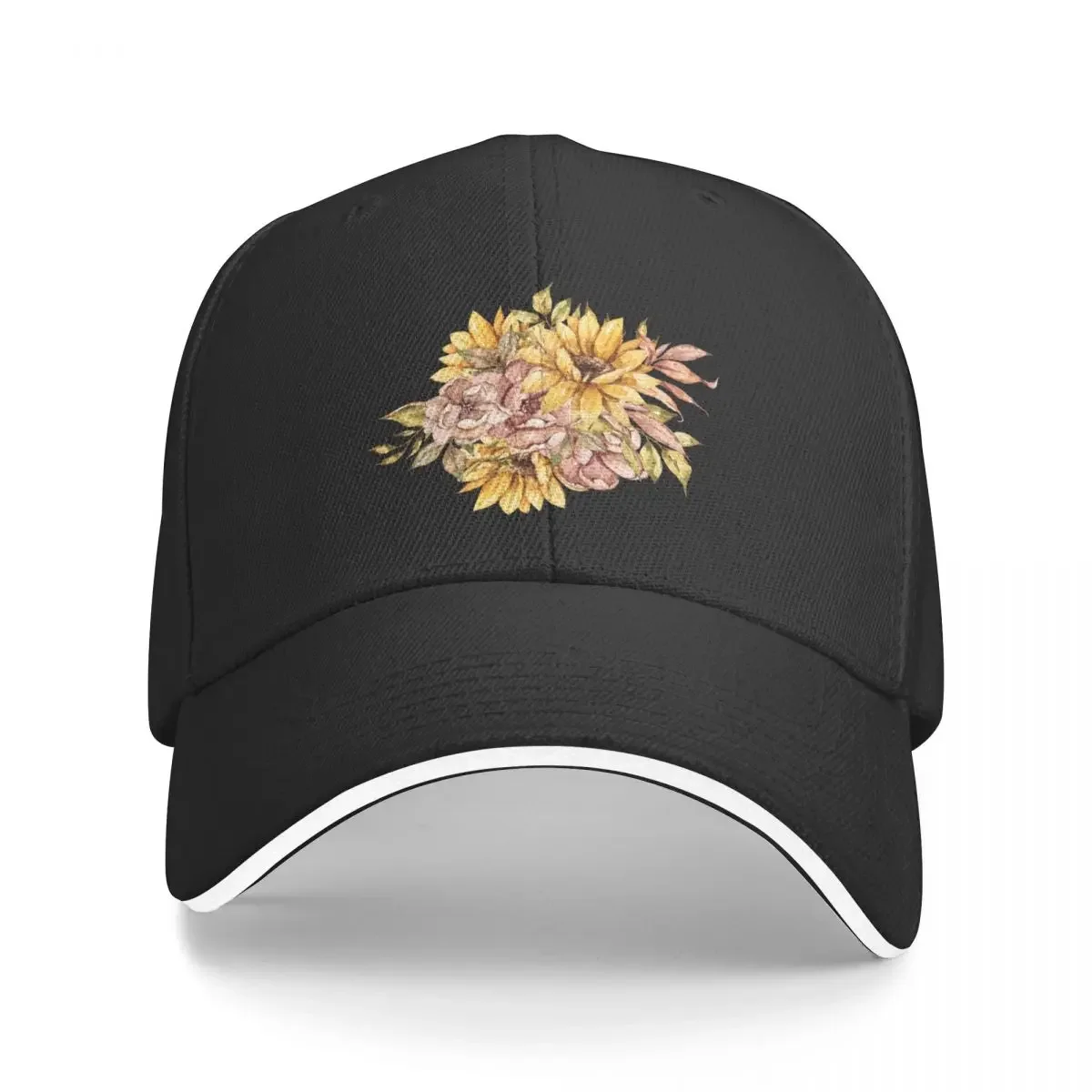 

Elegant watercolor fall sunflower print, autumn flower bouquet illustration Baseball Cap Military Cap Man |-F-| Men Women's