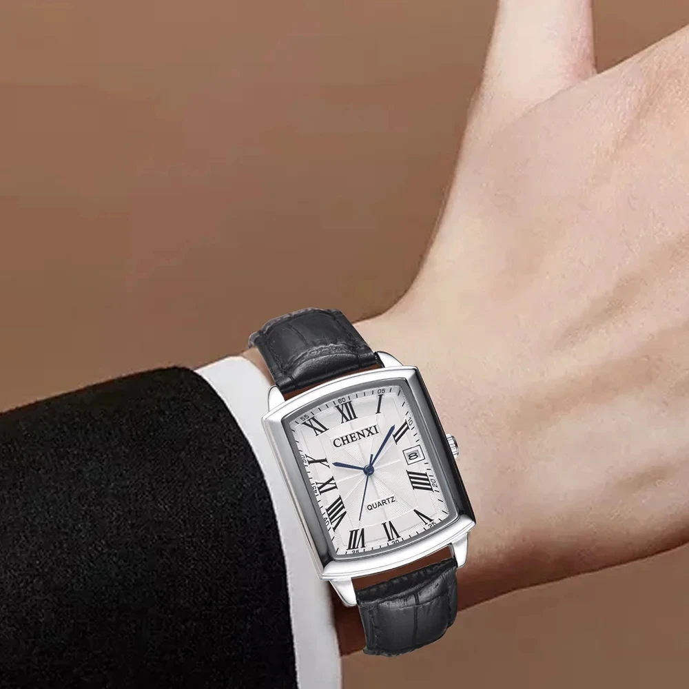 Couple Quartz Wrist Watches Analog Display Leather Strap Square for Men and Women