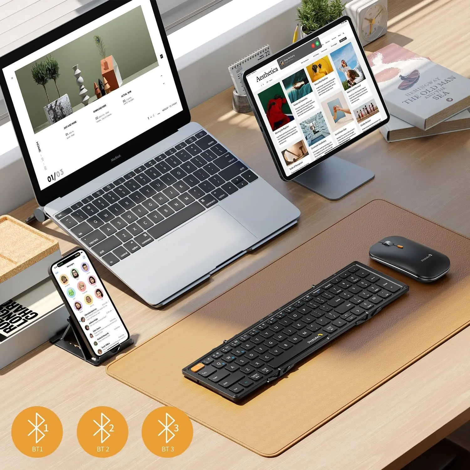 ProtoArc XKM01 Folding Keyboard Mouse Set Portable Bluetooth Wireless Keyboards Mice for iPad iPhone Mac Android Windows iOS