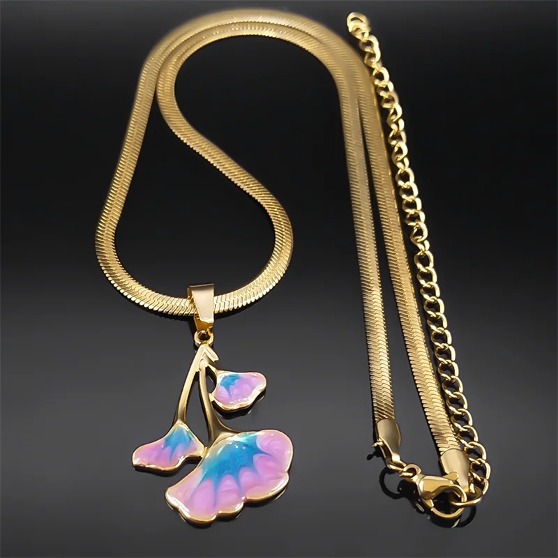 Goth Red Ginkgo Blätter Anhänger Halskette für Frauen Edelstahl Gold Farbe Blatt Charm Schlangenkette Schmuck Colar NZZZ380S01 – Detail 8