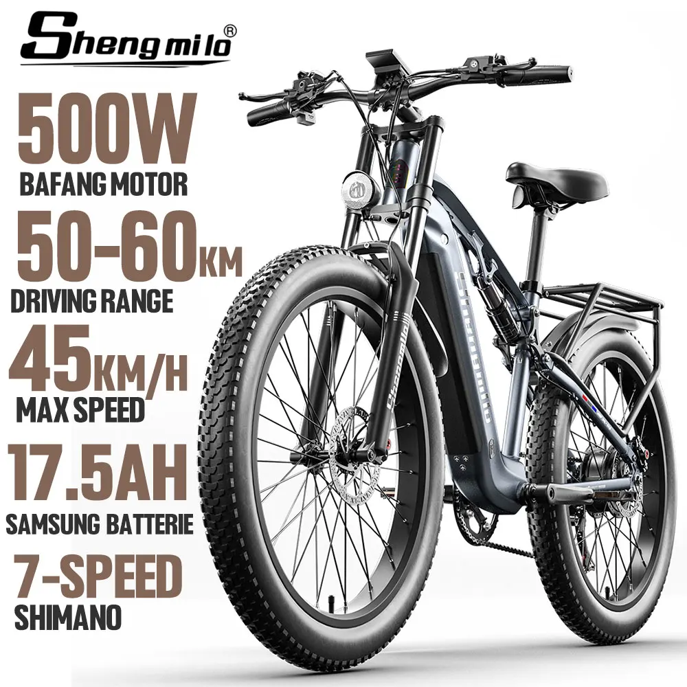 BAFANG-VTT Électrique à 7 Vitesses, 26 Pouces, 500W, 17,5 Ah, Pneus Larges  pour la Neige, Autonomie de 50km, Stock UE