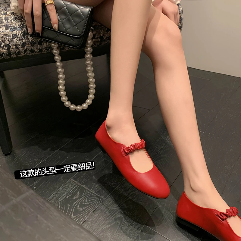 

2023spring women pumps natural leather 22-24.5cm length cowhide+pigskin full leather Elastic Buckle Mary Jane shoes Thick heeled