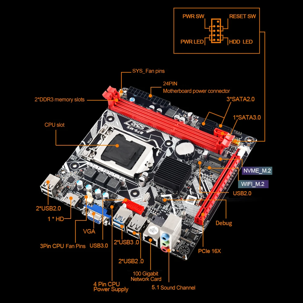 PC 게임용 PCIe 16x 메인보드, 24 핀 LGA 1155, USB3.0, SATA3.0, 데스크탑 컴퓨터 메인보드, 2 개의 메모리 슬롯 지원