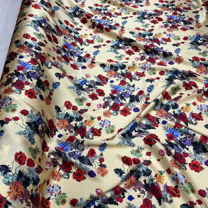 

Pure Silk Stretch Satin Fabrics Small Floral Digital Print Cheongsam Dress Mulberry Silks Fabric Embroidered Breathable Material