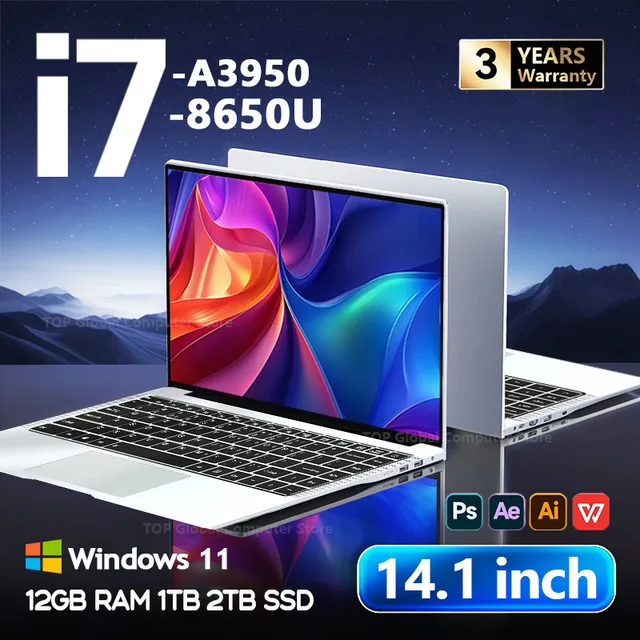 Ordinateur portable 2026 14,1 pouces Intel Core i7 8650U Atom A3950, Windows 11, 4K HD, 12 Go de RAM, SSD 1 To/2 To, pour le bureau 1