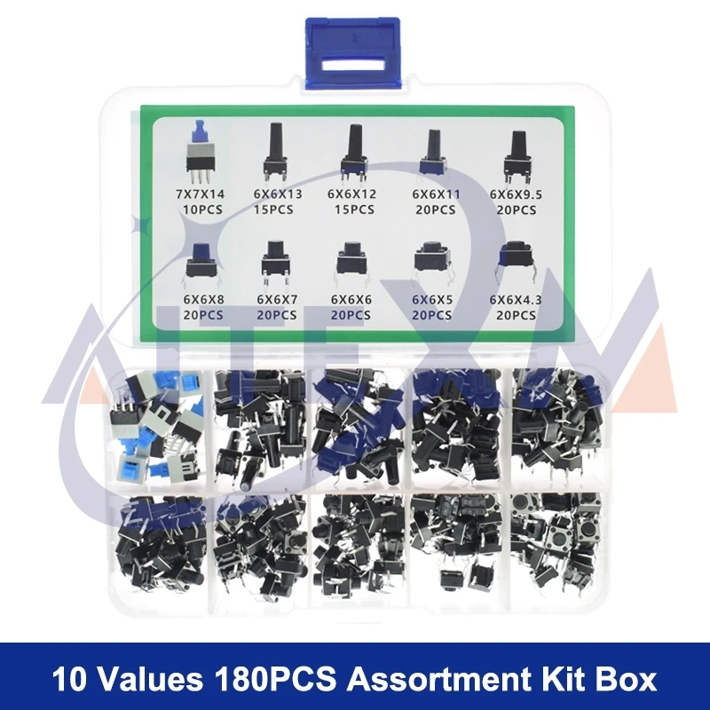 Kit 100 Pezzi Interruttori Tattili Micro Momentanei, 10 Valori (6x6x4.3 - 7x7 Mm) Per Elettronica