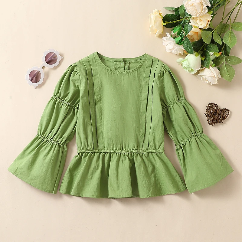 

Kids Baby Girls Sweet Shirt Casual Solid Color Crew Neck Flare Long Sleeve Blouses Children Spring Fall Fashion Tunic Green Tops