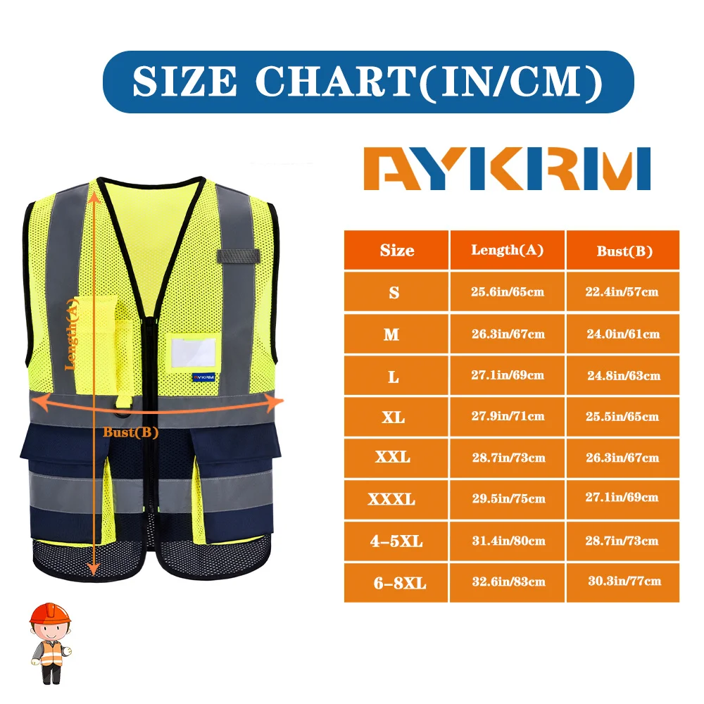 AYKRM 높은 가시성 반사 조끼 안전 지퍼 포켓 Hi Viz 보안 조끼 멀티 맞춤형 로고 건설