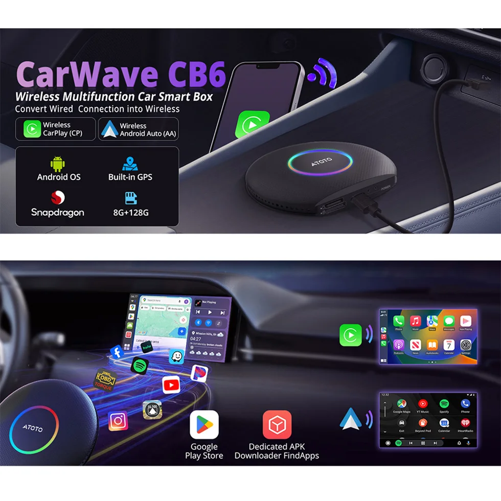 ATOTO CB6A ワイヤレスCarPlay　スマートボックス　Apple ATOTO CB6 Wireless CarPlay Adapter｜4G LTE｜OBD2｜64GB｜AI DriveChat