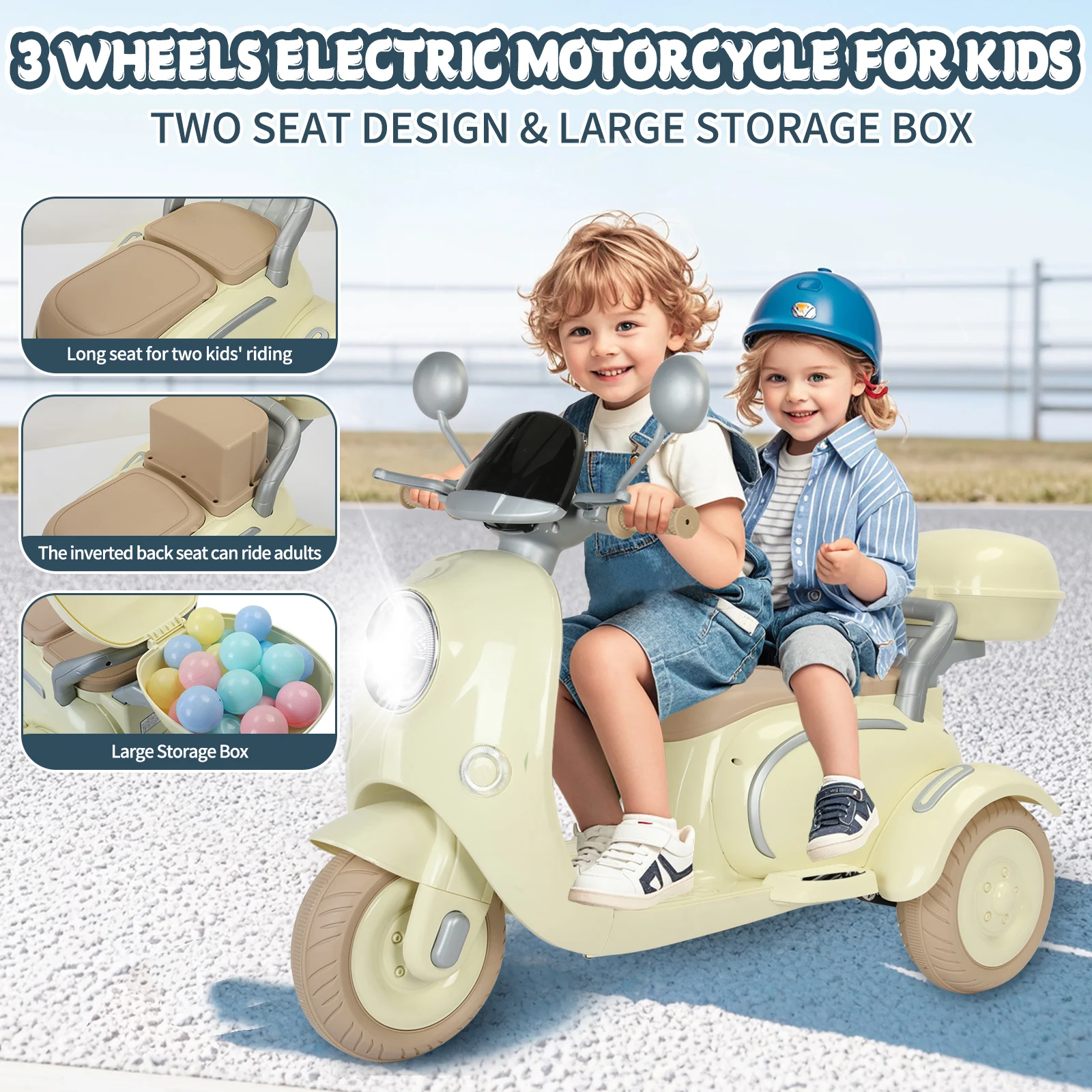 2 Seater Kids Ride on Motorcycle, 12V Electric Motorcycle for Kids, 3 Wheels Kids Motorbike with Storage Box, Music, LED Light