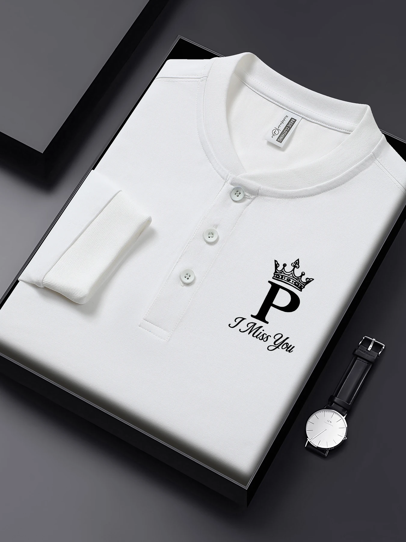 Taç Harf P Basit Baskılı Erkek Henley T Shirt Henry Boyun Temel Gömlek Pamuk Sonbahar Giyim Rahat İş Spor Giyim