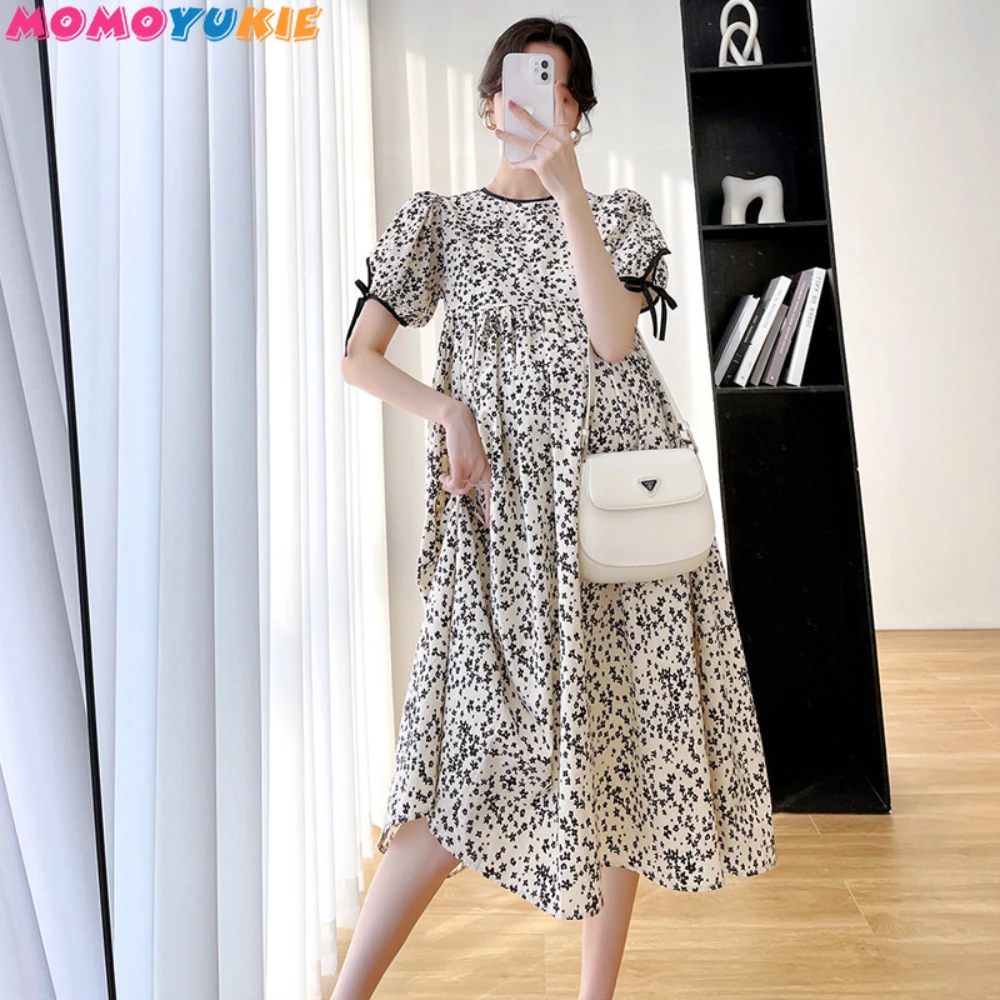 

Summer Fashion High Waist Pregnancy Dresses Maternity Long Dress Short Sleeve Printed A Line Loose Clothes for Pregnant Women