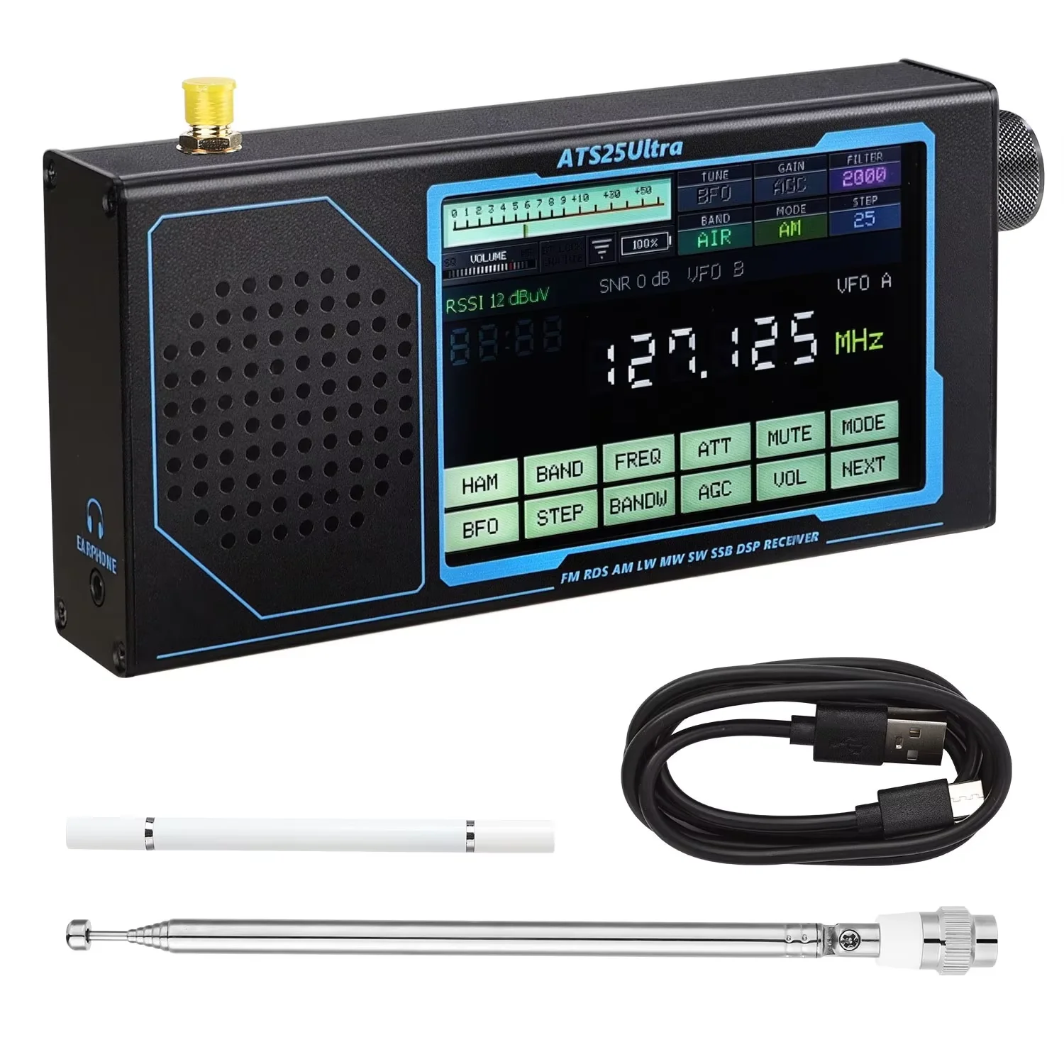 HamGeek ATS25 ULTRA FM SW SSB MW LW AIR SDR 수신기 항공 밴드 수신기, 4인치 터치스크린 탑재, 블루투스 및 와이파이 지원
