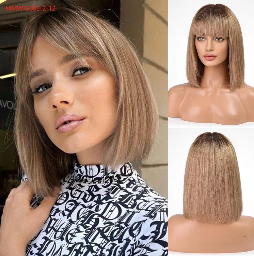 Human Hair Wigs Brown Blonde Remy Bob with Full Bangs Dark Root 10inches Straight for White Women