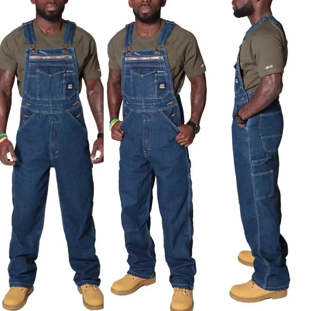 Dark Blue Heavy Weight Men's Jeans Overalls Fake Zipper Spliced Denim Suspender Long Trousers Big Size M-5XL 5