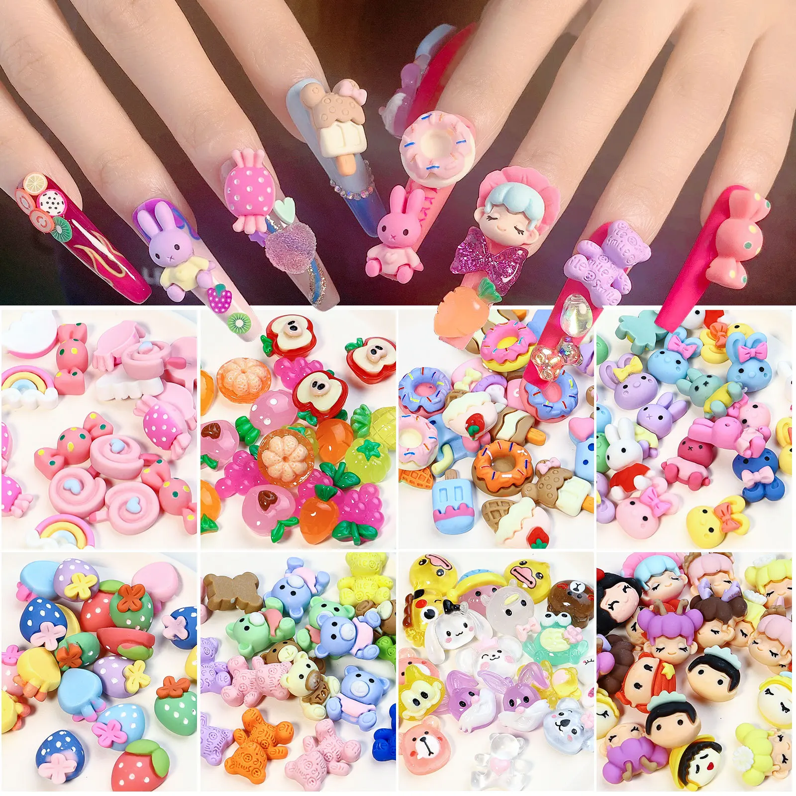 

Kawayi Resin Cartoon Nail Art Accessories Cute Mini Heart Flower Cat Claw Strawberry Candy Mixed Jewelry Christmas Nail Tools