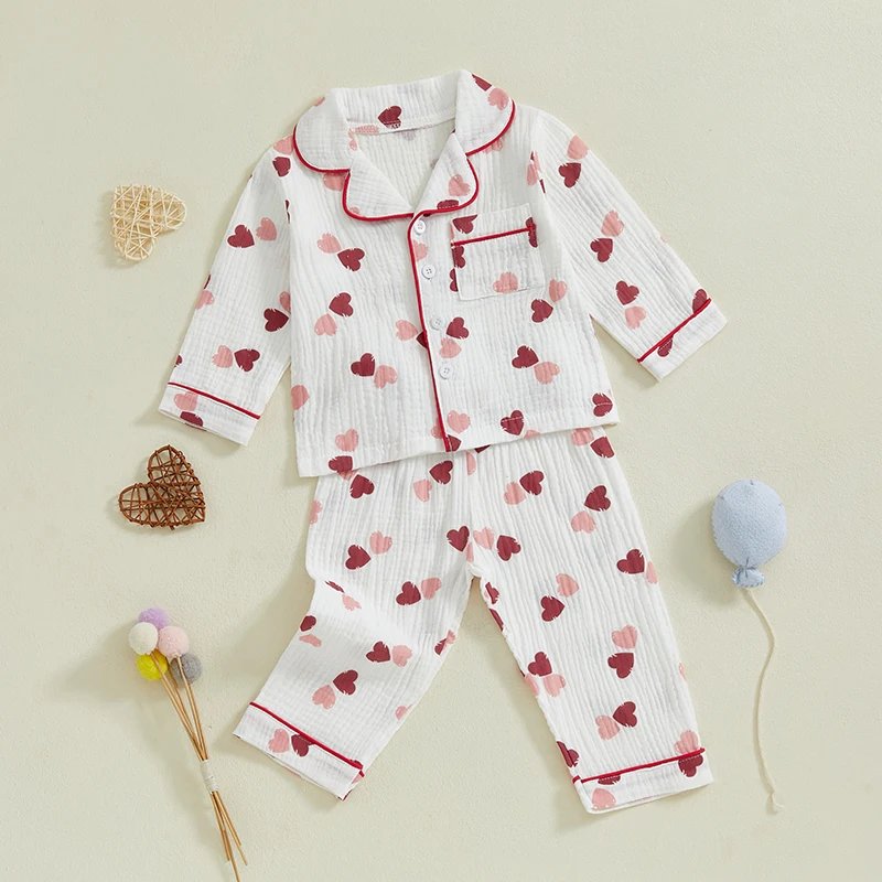 Girls Pajama Set Cute Heart Patterned Long Sleeve Top with Cozy Elastic Waist Pants for a Good Night s Sleep