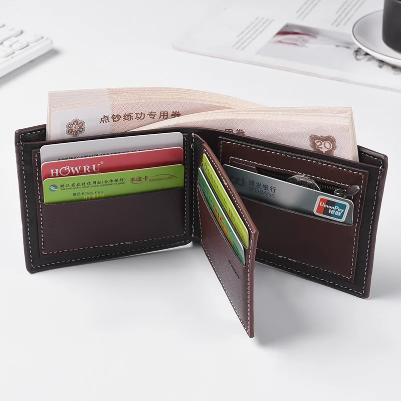 New men's frosted large capacity wallet, business triple fold thin zipper, soft leather wallet, short wallet