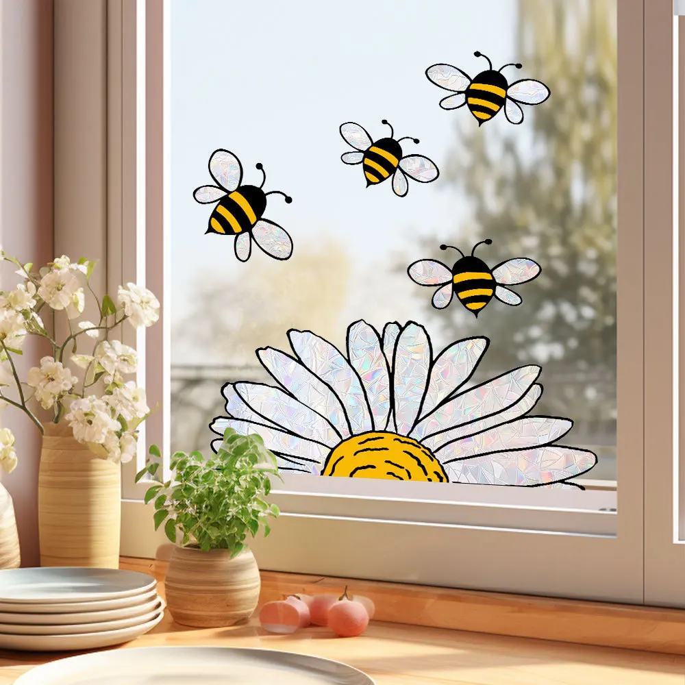 New Edition Sun and Bee Colorful Double-Sided Static Cling Window Film-Privacy and Anti-Peep Window Decals