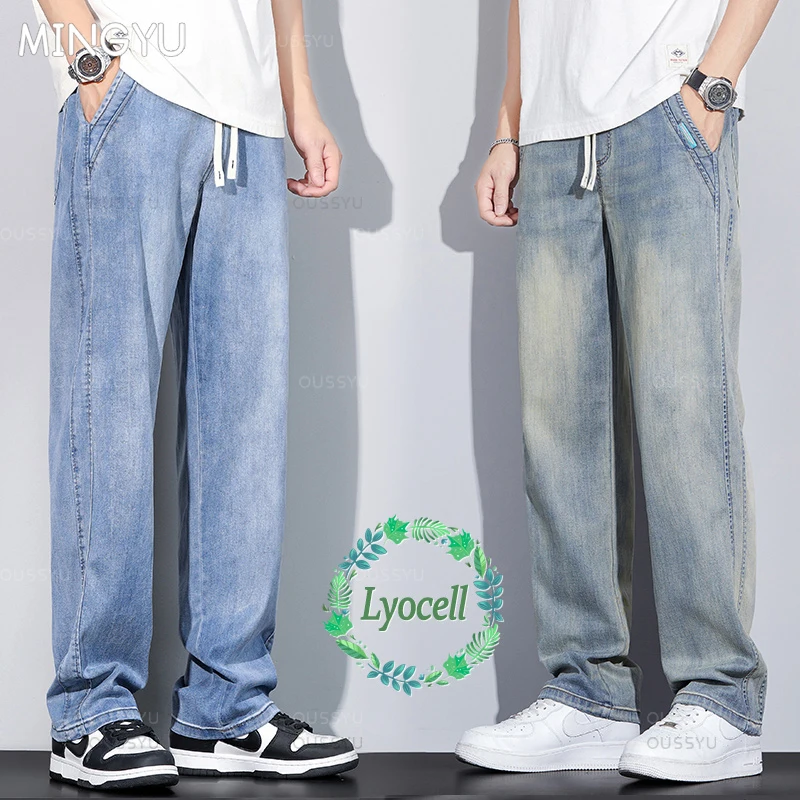 

Summer Thin High Quality Lyocell Fabric Men's Retro Jeans Straight Denim Pants Elastic Waist Casual Trousers Male Plus Size 5XL