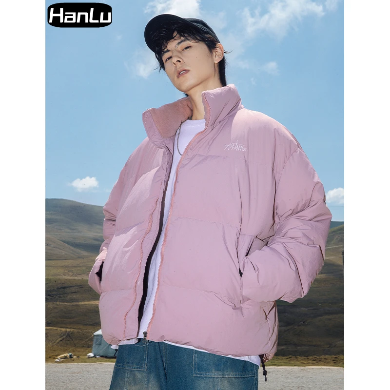 Men's 90 down short standing neck warm and thickened bread jacket Couple fleece patchwork down jacket