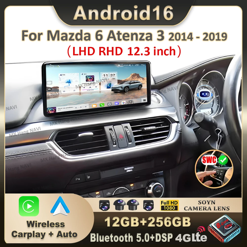 Radio Multimedia para Auto Android 16 de 12.3 Pulgadas para Mazda 6 Atenza 3 2015-2019 LHD RHD, Reproductor de Video, GPS, WIFI 5G, Android Carplay + Auto 1