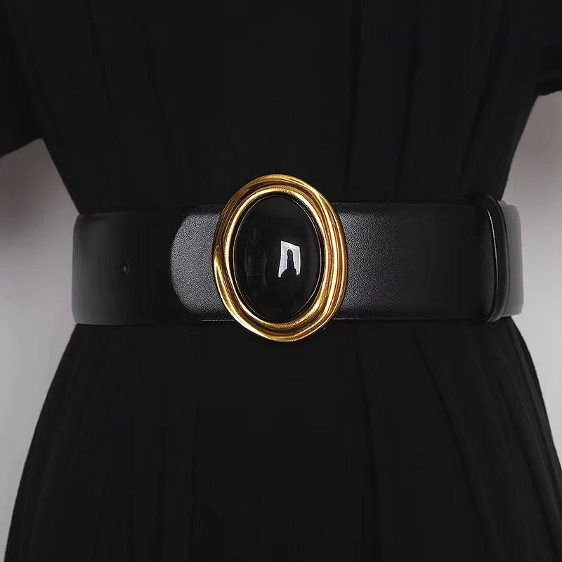 

2024 New Luxury Brand Black Yaoshi Belt Round Buckle Leather Waist Wrap Sweater Coat West Costume Waist Belt Two Layers Leather