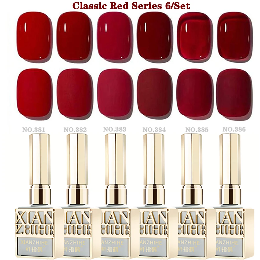 6-Piece Festive Red Nail Gel Polish Set with Glitter & Solid Colors