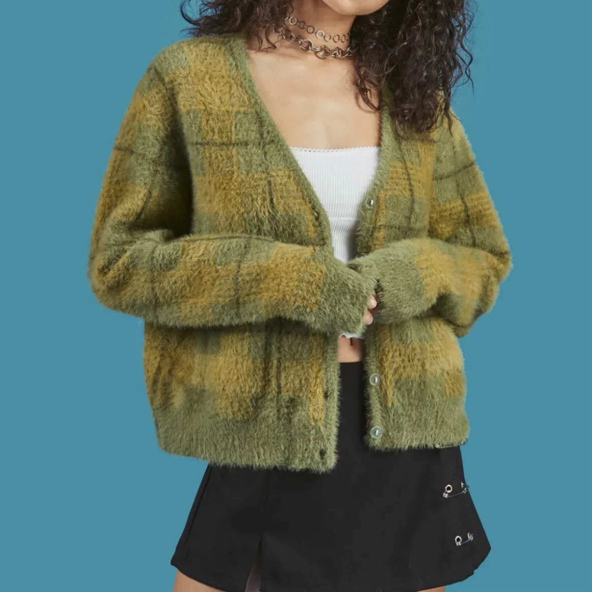 

New Cute Kawaii Mohair Sweater Furry Plush Crop Tops Loose Cardigan Long Sleeve V-Neck Knitting Blue Plaid Short Sweater Women