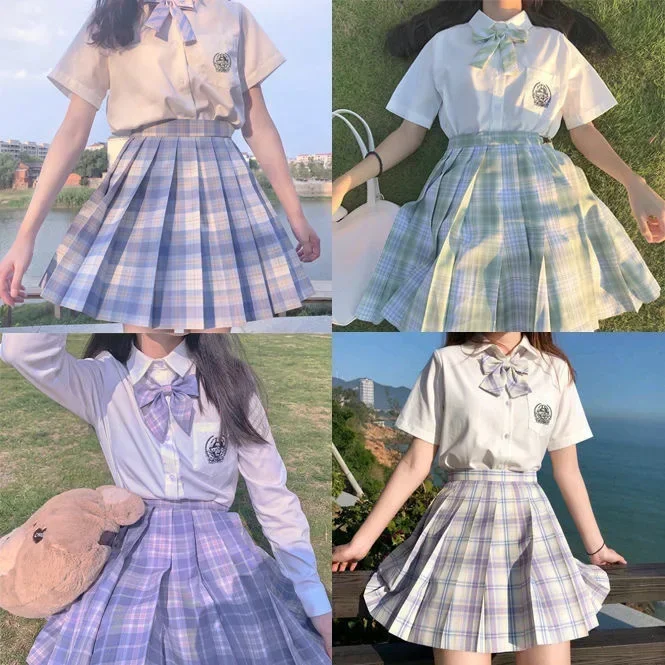 Korean School Girls Uniform Pleated Skirts Japanese School Uniform High Waist A-Line Plaid Skirt Sexy JK Uniforms Woman Full set