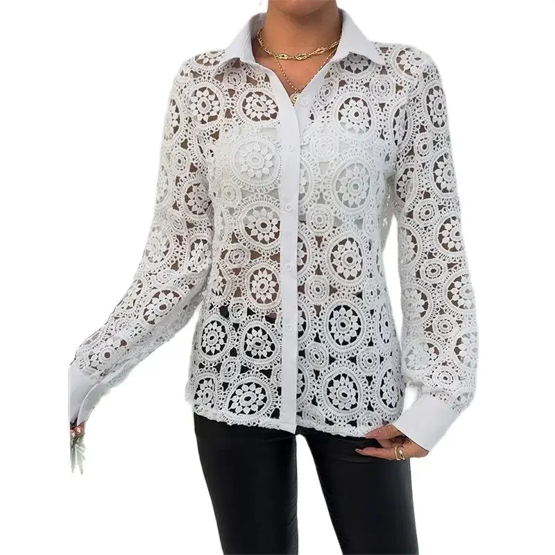 Женская кружевная блузка с вырезами, однотонный однобортный Кардиган с цветочным кружевом, Элегантная блузка для женщин на весну и лето