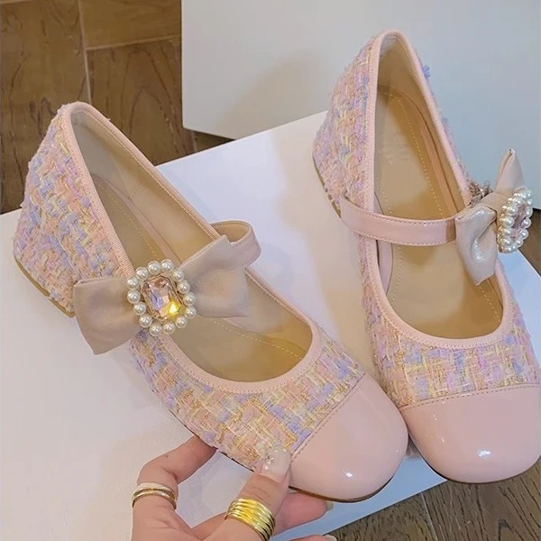 

Женские туфли с бантом и жемчугом, розовые туфли на квадратном каблуке, милые удобные туфли-лодочки, новинка 2023