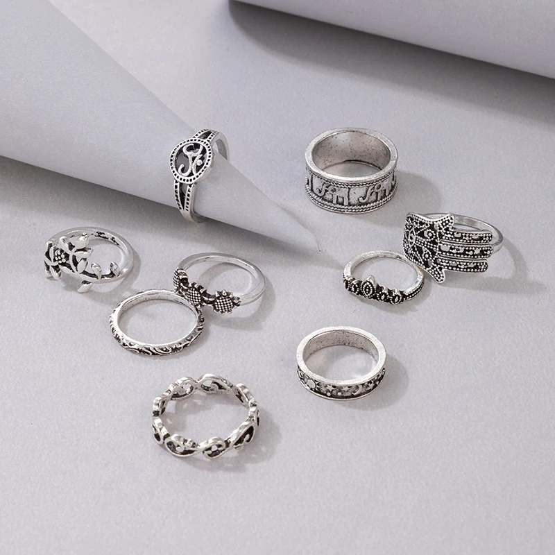 Tocona 9pcs/set Women Boho Midi Finger Rings Set Punk Elephant Flower Hollow Out Sliver Knuckle Rings Jewelry Gift