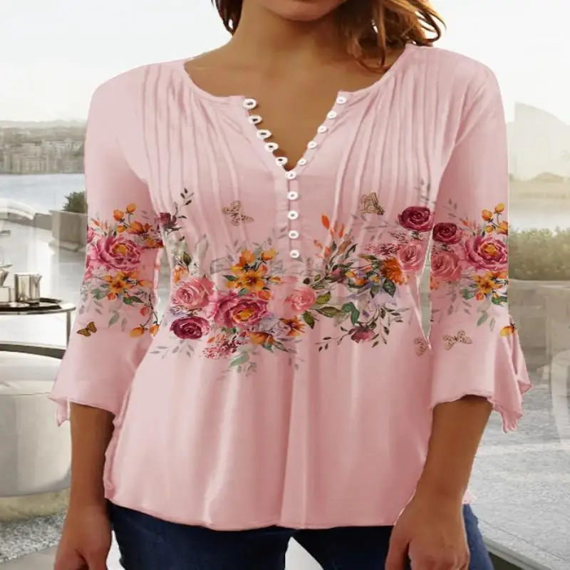 

Plus Size Women 3/4 Sleeve V-neck Floral Printed Tops