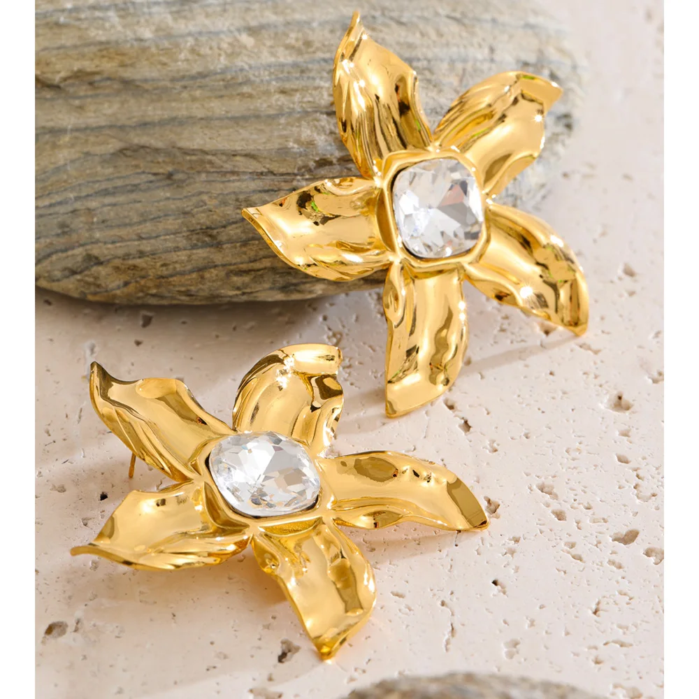 Yhpup Stainless Steel Flower Crystal Stud Jewelry 18K Golden PVD Plated