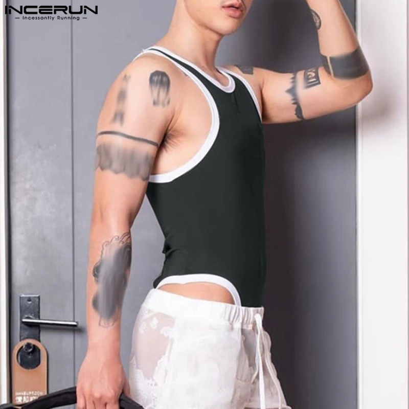 INCERUN Men Bodysuits Patchwork Skinny Sexy Round Neck Sleeveless Men Rompers Tank Tops 2023 Pajamas Summer Male Bodysuit S-5XL