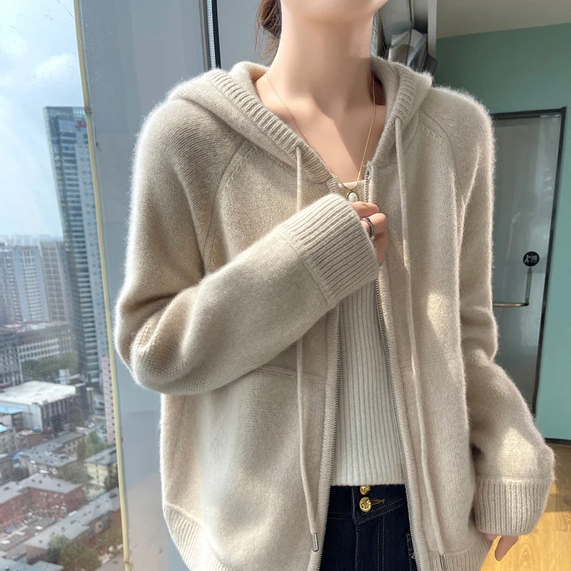 Cashmere Sweater Autumn Winter 100% Pure Wool Sweater Women's Hooded Collar Knitted Cardigan Fashion Korean Larg Size Thick Coat 2