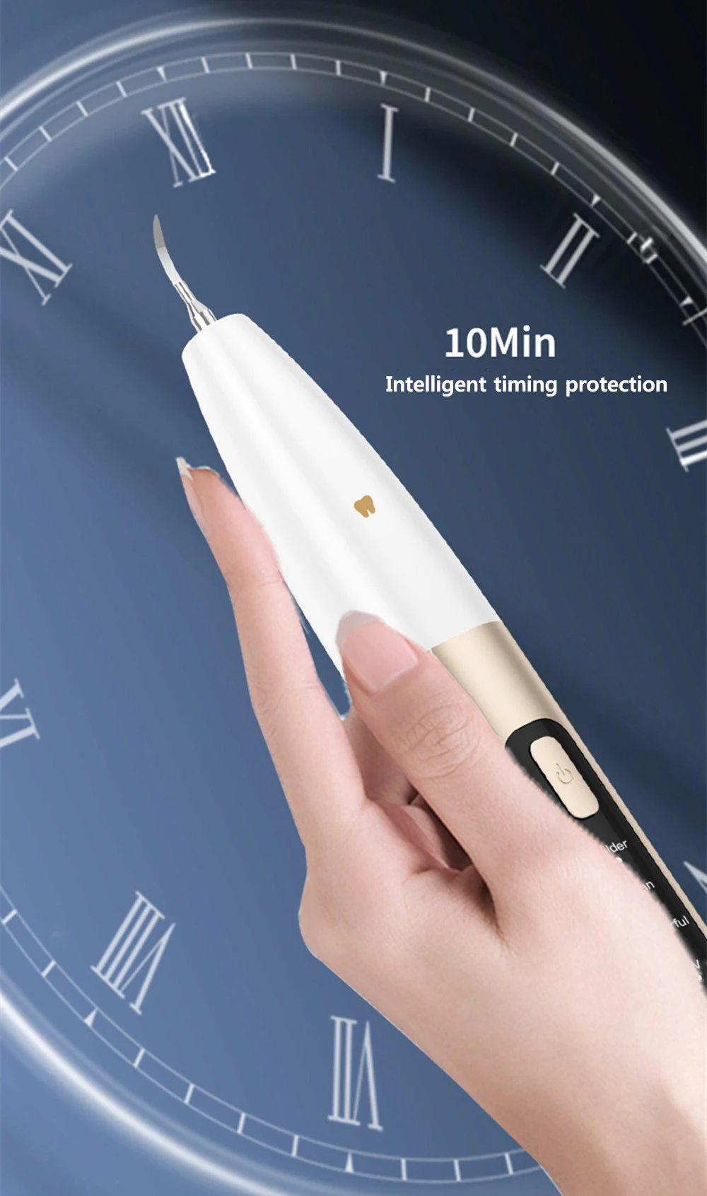 Hand holding an Ultrasonic Dental Plaque Remover with a timer function for smart usage, gentle on gums.