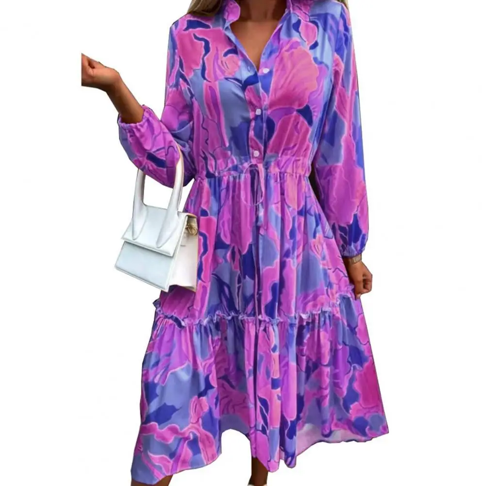 

Women Dress Colorful Floral Print Lapel Long Sleeve Lapel Single-breasted Tight Waist A-line Loose Hem Dress vestidos para mujer