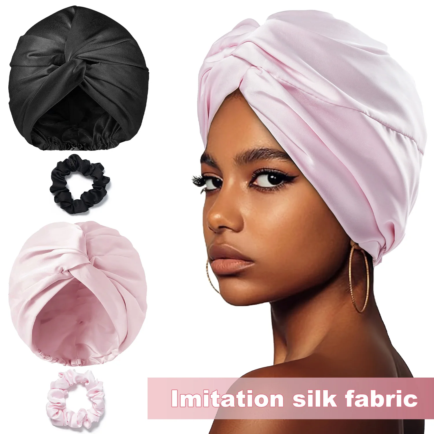 Damen Satin Imitation Seide Turban Hut weiche Stretch Doppels chicht seidige Nachtschlaf kappe Motorhaube Chemo Hut Haar gummis 2St