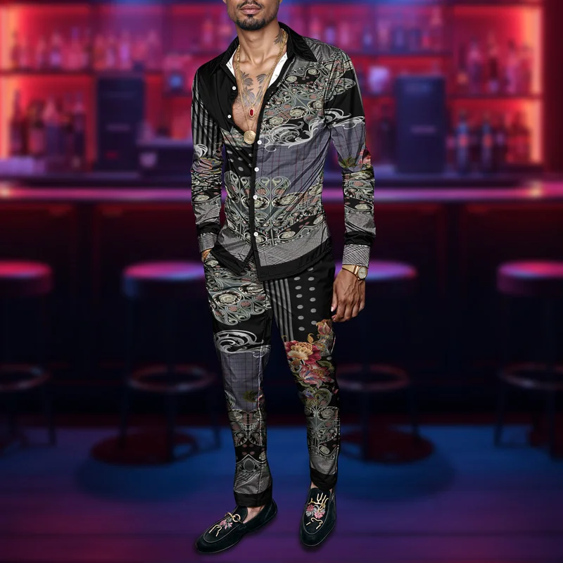 2025 Spring Summer Men Shirt Set Brand Print Fashion Printing Two Piece Set Mens Light Luxury Lightweight Party Long Sleeves_voghion.com