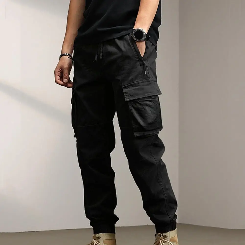Men Solid Color Pants Elastic Waistband Men Pants Soft Breathable Men's Cargo with Ankle-banded Loose Fit Multi for Casual